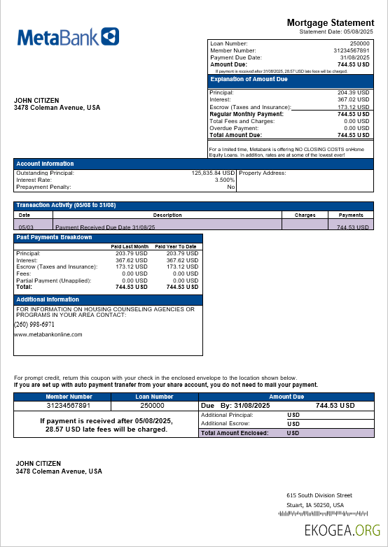 Relevé hypothécaire USA Washington Metabank aux formats Word et PDF